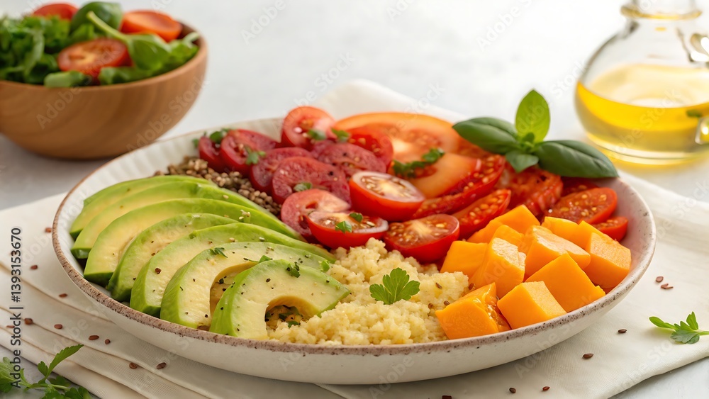 Healthy avocado salad bowl with fresh tomatoes and butternut squash for balanced eating concept Healthy avocado salad bowl with fresh tomatoes and butternut squash for balanced eating concept