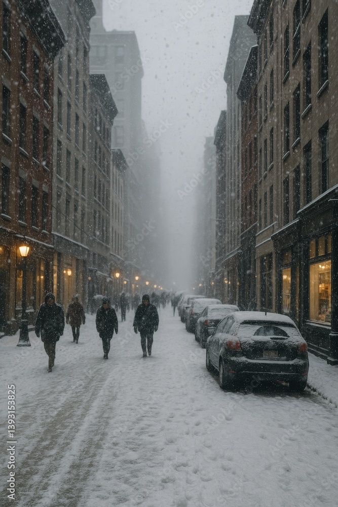 Obraz premium Snowy Street in a Bustling City With Pedestrians and Cars During Winter Weather Conditions