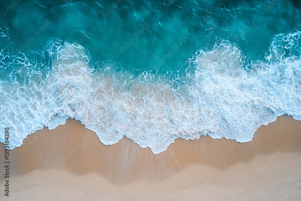 Fototapeta premium Aerial View of Ocean Waves Crashing on Sandy Beach Creating Beautiful Seascape for Nature Photography : Generative AI