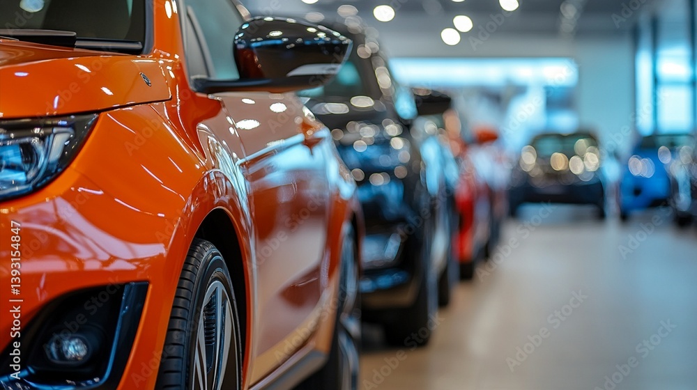 Vibrant orange sports car gleams in modern showroom, showcasing sleek design and cutting-edge automotive technology among blurred luxury vehicles Vibrant orange sports car gleams in modern showroom, showcasing sleek design and cutting-edge automotive technology among blurred luxury vehicles