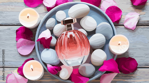 A visually stunning setup featuring a bottle of perfume surrounded by smooth stones, rose petals, and lit candles, perfect for beauty and lifestyle themes.