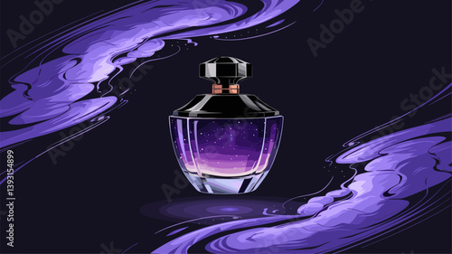 A beautifully illustrated purple perfume bottle set against a dark backdrop, featuring swirling mist effects for a magical touch.