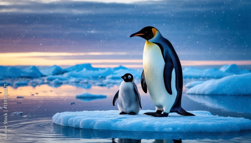 Fototapeta premium An adult penguin and its chick stand on an ice floe in the Arctic, against a backdrop of sunset and snowy mountains. The image symbolizes family, mutual support, and survival in harsh conditions
