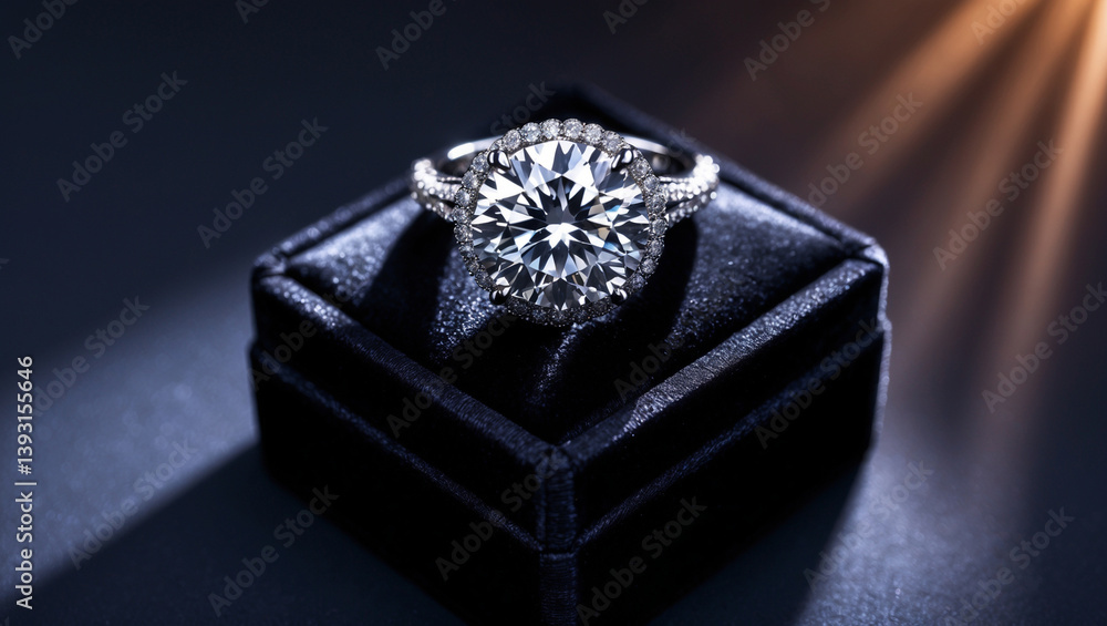 Fototapeta premium Sparkling Diamond Engagement Ring Set On A Black Velvet Box Close Up View
