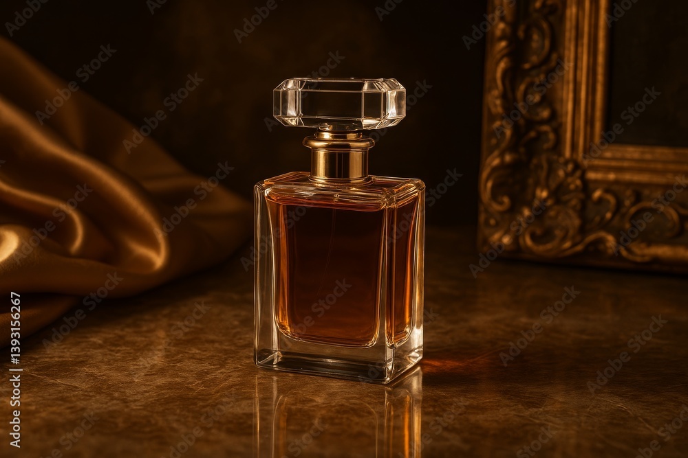 Elegant Perfume Bottle Resting on a Golden Fabric With Warm Lighting in an Ornate Setting Elegant Perfume Bottle Resting on a Golden Fabric With Warm Lighting in an Ornate Setting