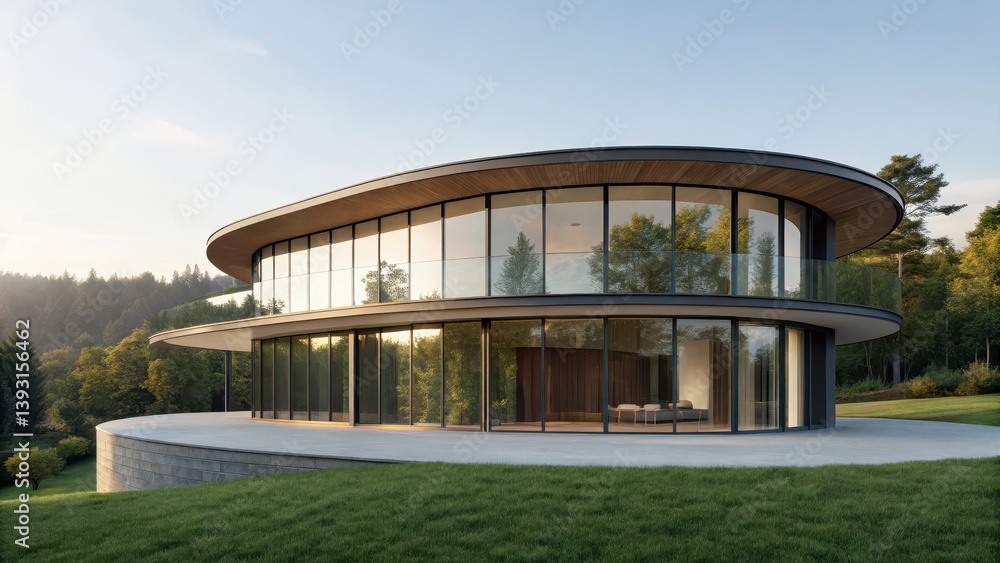 A modern circular house with large glass walls, surrounded by greenery, blending architecture with nature in a serene landscape. A modern circular house with large glass walls, surrounded by greenery, blending architecture with nature in a serene landscape.