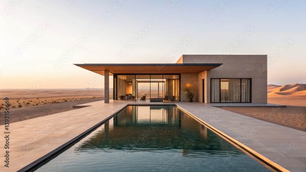 Fototapeta premium A modern desert home with a sleek design, featuring a pool and expansive views of the surrounding landscape at sunset.