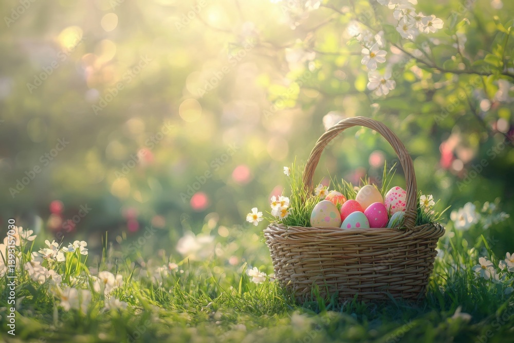 Spring's Bounty: A woven basket brimming with colorful eggs sits nestled amidst a sun-drenched spring meadow, blossoms and dappled light, painting a scene of Easter joy and renewal. Spring's Bounty: A woven basket brimming with colorful eggs sits nestled amidst a sun-drenched spring meadow, blossoms and dappled light, painting a scene of Easter joy and renewal.