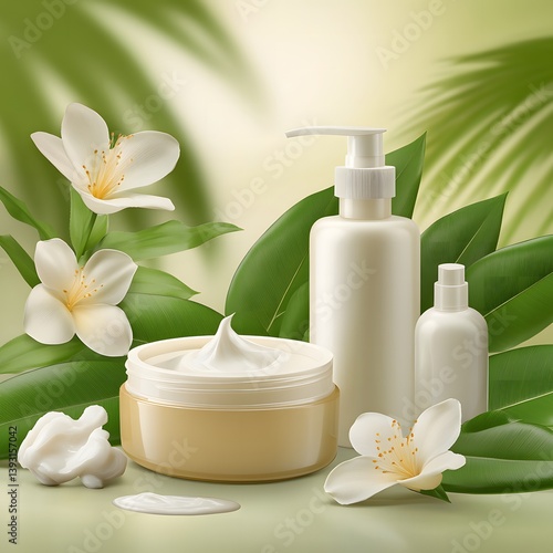 Luxury spa skincare set with jars of creams, flowers, leaves. Natural beauty product for organic hair care and plant-based skin care concepts. Mockup