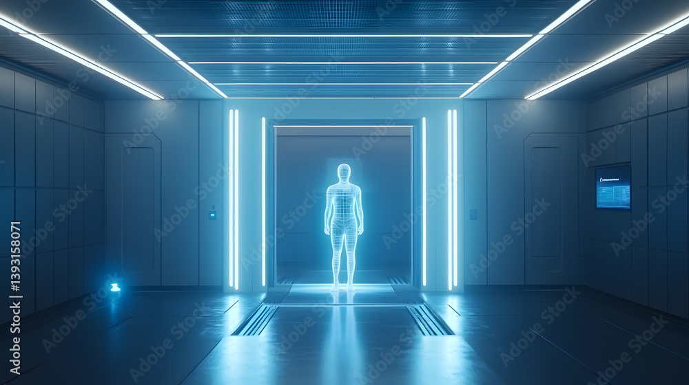 A futuristic, sterile lab features a glowing, wireframe human figure at its center. Neon blue lighting illuminates the sleek, metallic space. High-tech and mysterious. A futuristic, sterile lab features a glowing, wireframe human figure at its center. Neon blue lighting illuminates the sleek, metallic space. High-tech and mysterious.
