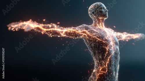 A human body radiates vibrant energy in light blue and orange against a dark background, capturing a moment of dynamic energy