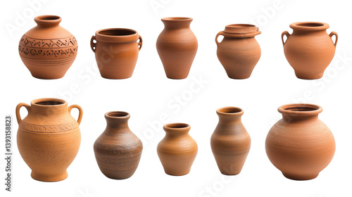 Set collection of beautiful traditional pottery clay pots isolated on white background
