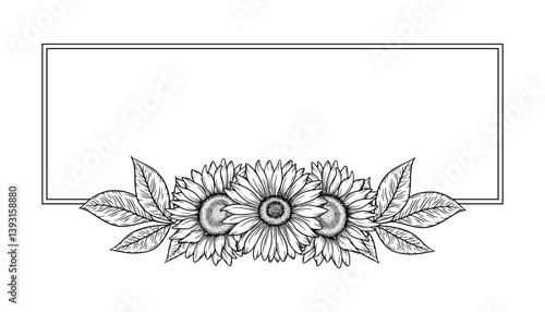 Vector sunflowers rectangular frame illustration, line art floral border. Graphic monochrome drawing. Hand drawn flowers outline sketch, engraved illustration. Template for wedding invitation, logo.