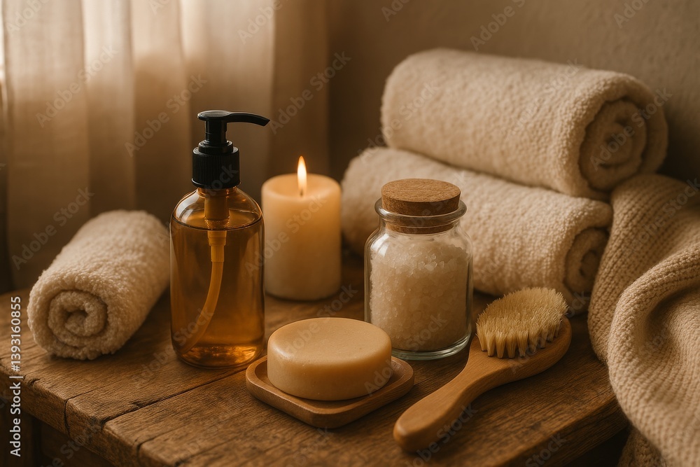 Relaxing Spa Setup With Candles and Natural Skincare Products in Cozy Bathroom Environment Relaxing Spa Setup With Candles and Natural Skincare Products in Cozy Bathroom Environment