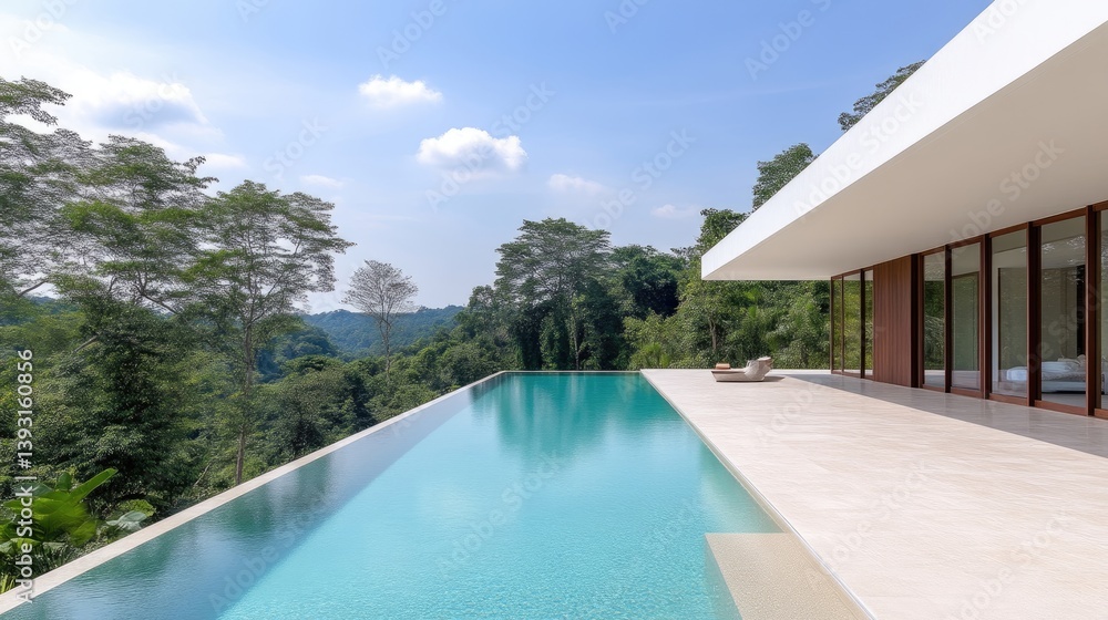 Fototapeta premium Infinity Pool Jungle Villa Modern Architecture High-resolution Daylight Photography Horizontal Wide Shot Lush Greenery Relaxation Tropical Paradise Azure Serenity Perfect for Luxury Real Estate
