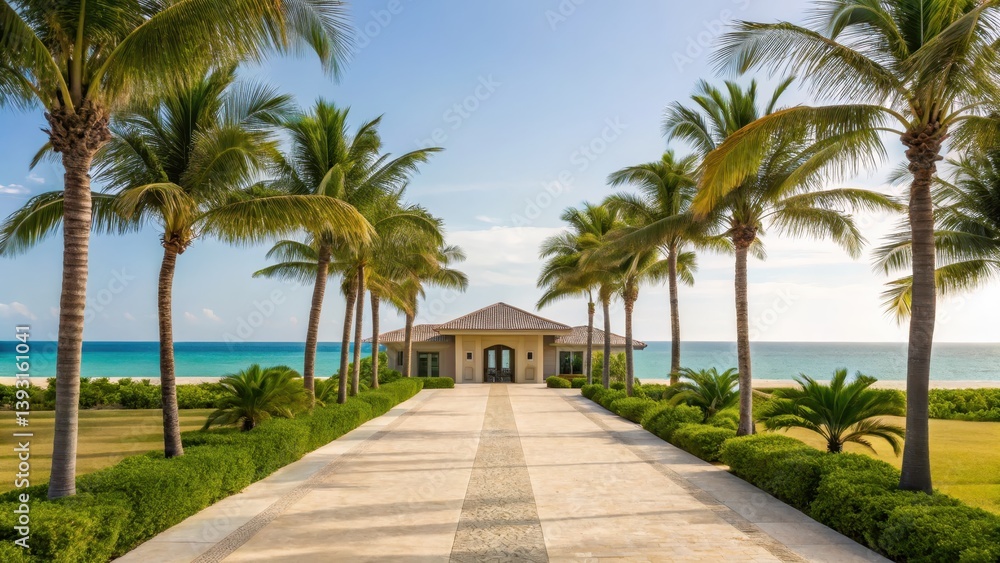 A beautiful beachfront property lined with palm trees, leading to a serene ocean view under a clear sky. A beautiful beachfront property lined with palm trees, leading to a serene ocean view under a clear sky.