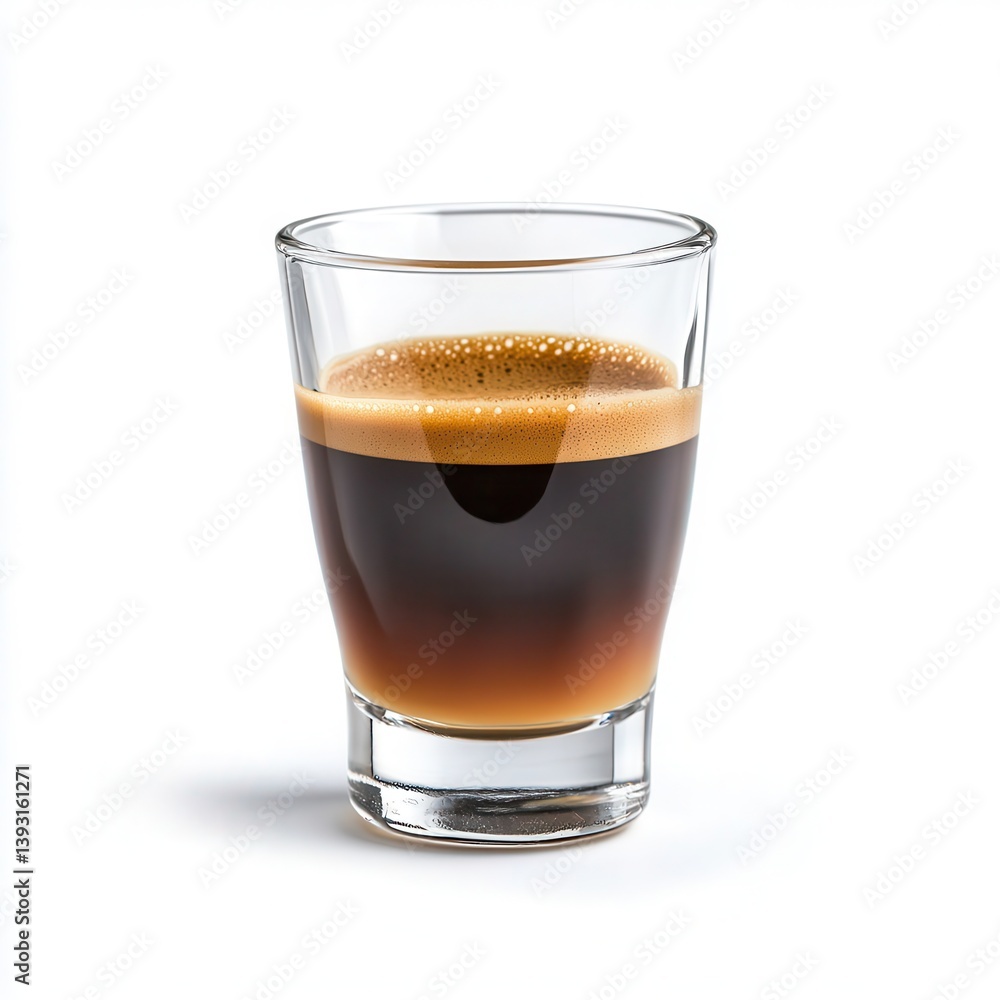 Shot glass filled with espresso showcasing rich isolated on white background Shot glass filled with espresso showcasing rich isolated on white background