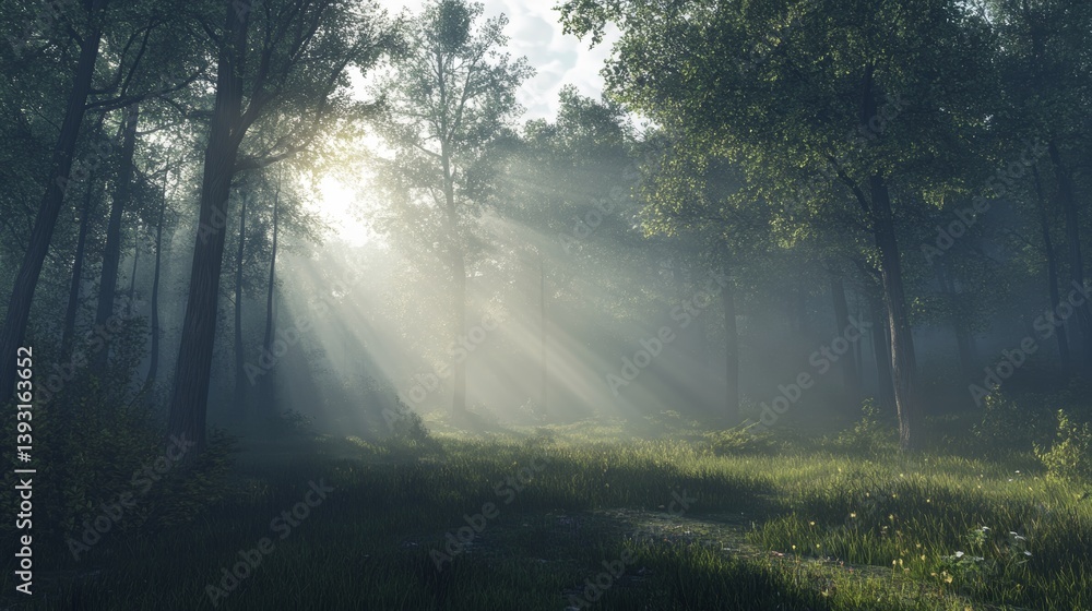 Naklejka premium A peaceful morning in a forest with mist hovering over the ground and sunlight peeking through the trees