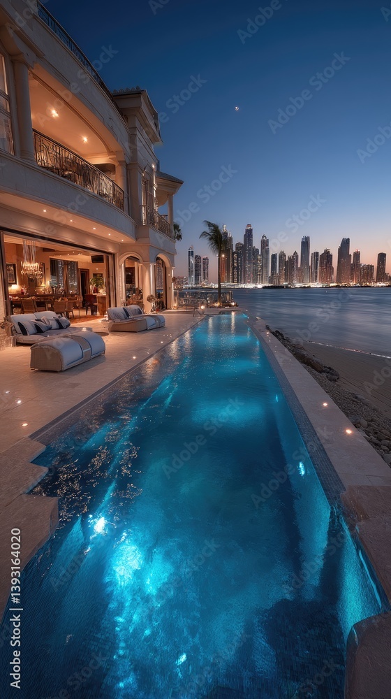 Obraz premium Stunning villa features an infinity pool, illuminated outdoor spaces, and a breathtaking city skyline during twilight hours