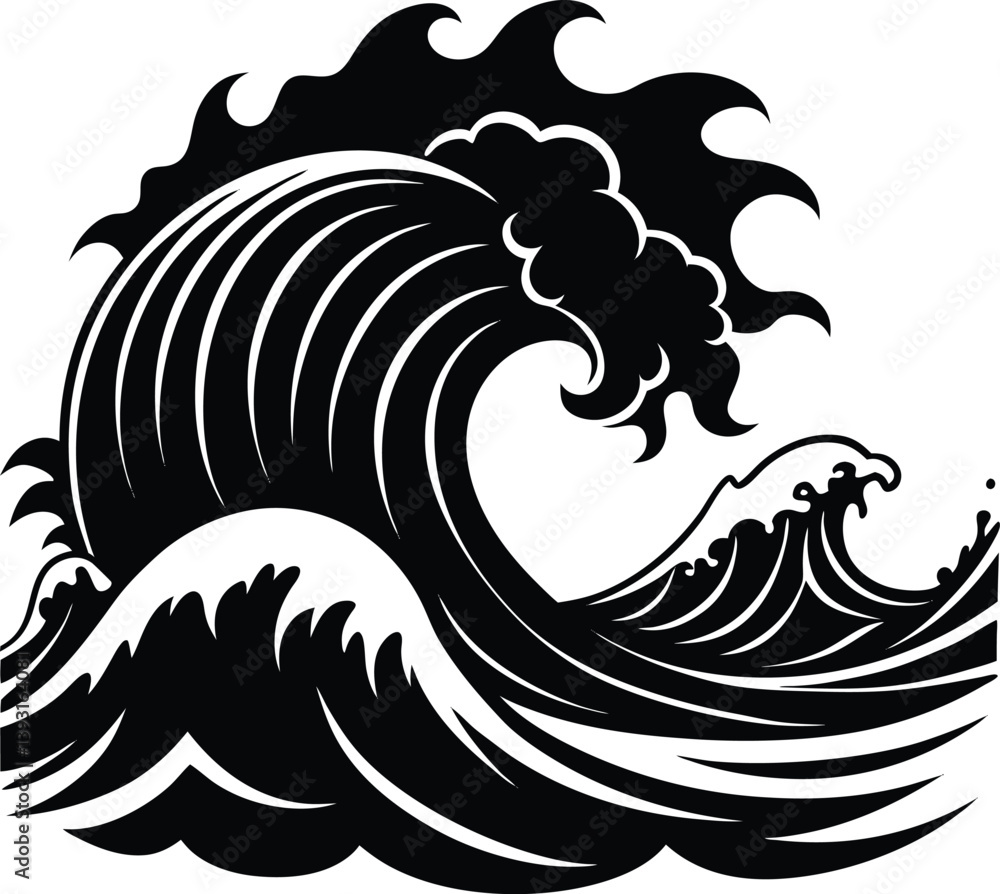 Naklejka premium Stormy Waves Crashing Silhouette Vector | Ocean, Sea & Nature Elements Clipart