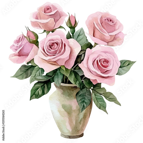 A watercolor vector illustration of a pink roses in a vase, isolated on a white background.

