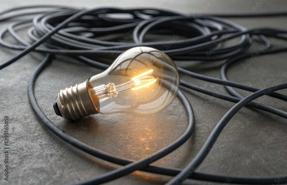 Vintage Light Bulb Glowing on Concrete Surface with Multiple Electrical Cords Coiled Around in an Artistic Arrangement