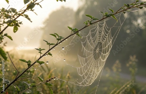 Obraz na płótnie Dew-covered spider web glistening in morning light on a branch with soft background of fog and nature, capturing the beauty of dawn and tranquility w salonie
