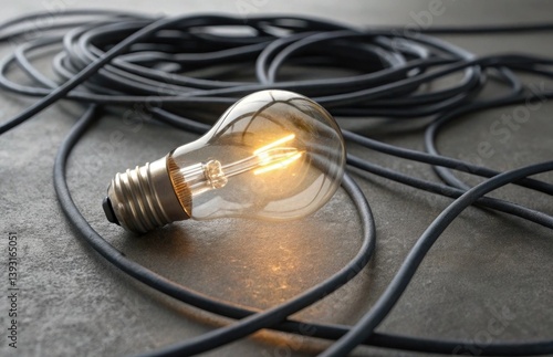 Obraz na płótnie Vintage Light Bulb Glowing on Concrete Surface with Multiple Electrical Cords Coiled Around in an Artistic Arrangement w salonie