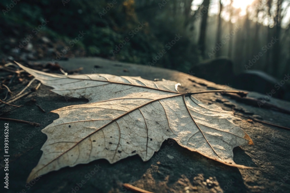 Close-Up of Dry Leaf on Rock Surrounded by Misty Forest at Sunrise, Nature Photography for Tranquil and Serene Outdoor Atmospheres