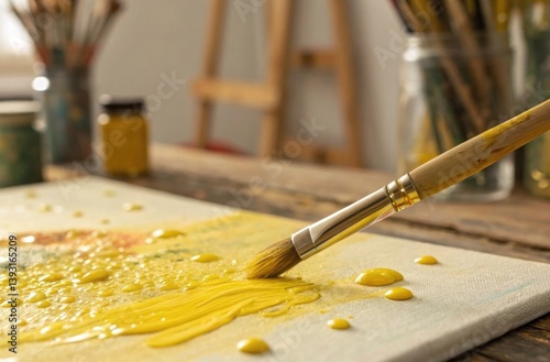 Obraz na płótnie Vibrant Yellow Paint Splashes on Canvas with Brush Creating Artistic Expression in Cozy Studio Setting w salonie