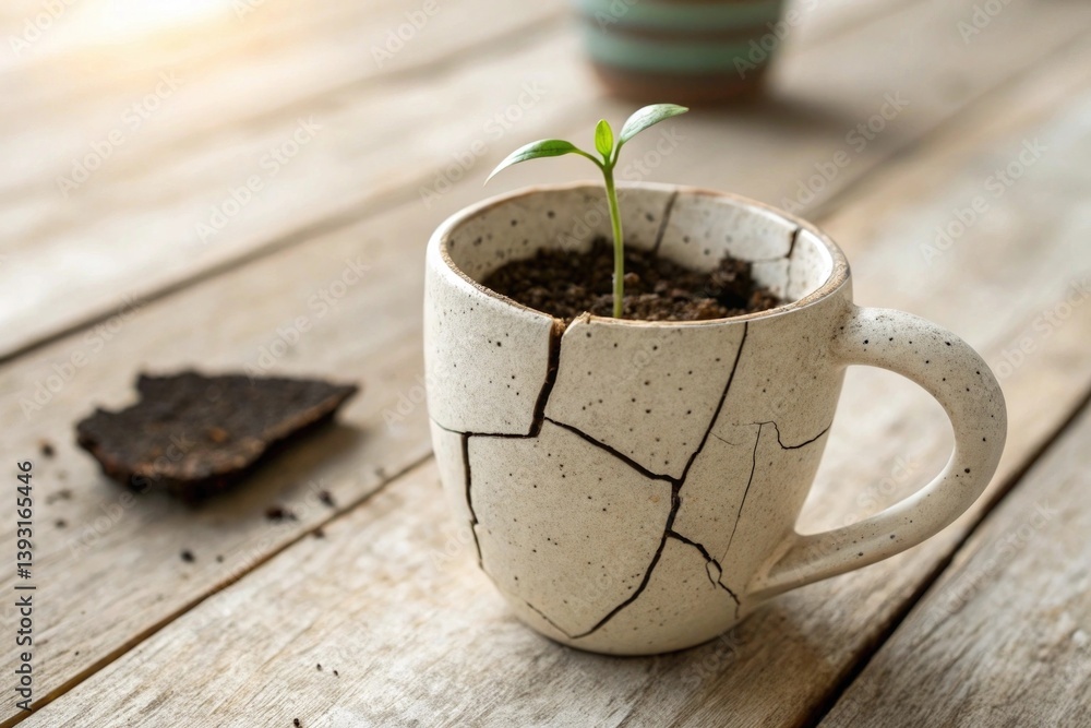 Cracked Mug as Plant Pot with Growing Seedling on Wooden Surface in Bright Natural Light