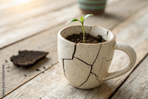 Obraz na płótnie Cracked Mug as Plant Pot with Growing Seedling on Wooden Surface in Bright Natural Light w salonie