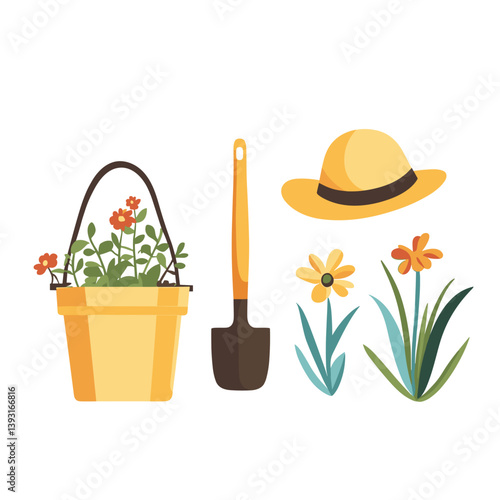 Gardening set with flowers flat style in earthy tones symbolizing spring tools
