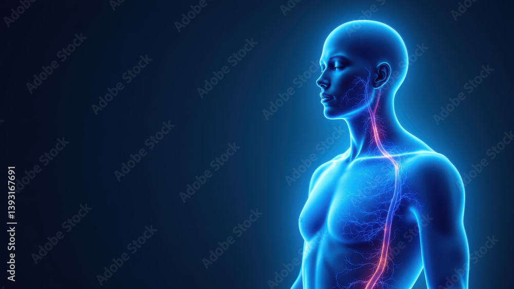 Human head with highlighted VNS or Vagus Nerve Stimulation representation, emphasizing medical implantation concept. Human head with highlighted VNS or Vagus Nerve Stimulation representation, emphasizing medical implantation concept.