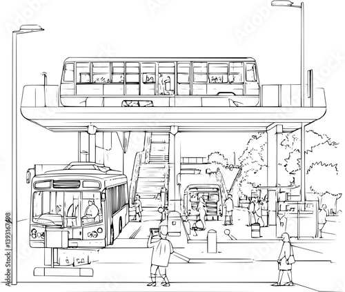 Bus station coloring book vector design, Bus station vector graphic