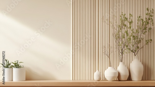 Minimalist interior with a textured wood wall, neutral vases displaying greenery, and a warm, inviting aesthetic