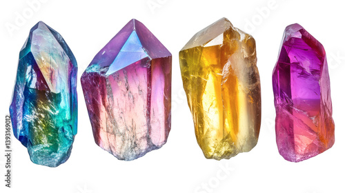 Set of six different coloured aura crystal stones isolated on white background