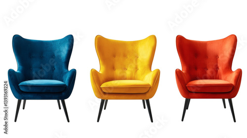 Set of stylish colourful modern accent armchairs isolated on white background