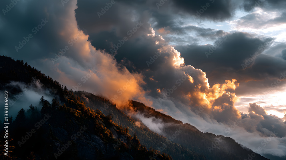 Fototapeta premium Golden clouds drift over mountain tops as dusk sets in.