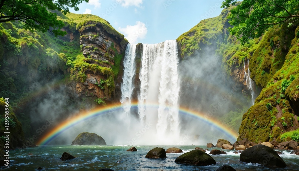 Fototapeta premium Majestic waterfall with a rainbow on World Environment Day 
