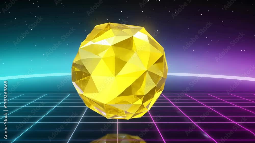 Bright yellow geometric shape glowing against a retro futuristic background with vibrant colors and grid patterns