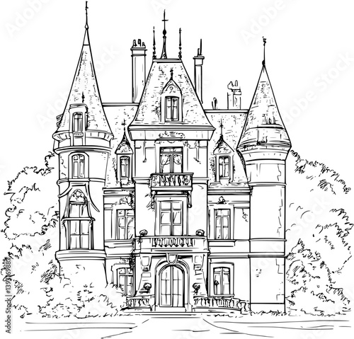 Chateau coloring book vector design, Chateau illustration art