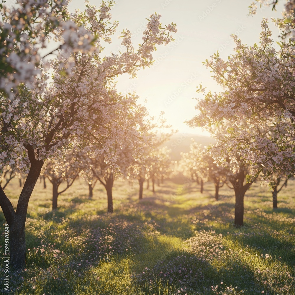 image of a sunlit orchard bursting with blossoming fruit trees isolated on a plain background image of a sunlit orchard bursting with blossoming fruit trees isolated on a plain background