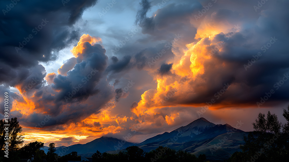 Naklejka premium Golden clouds stretch across the evening sky, gently lit by the last rays of sunlight as the mountains stand tall below.