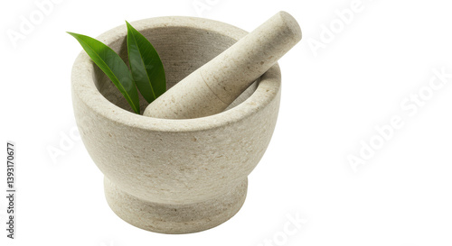 Fotografía Isolated Mortar and Pestle with Green Leaves