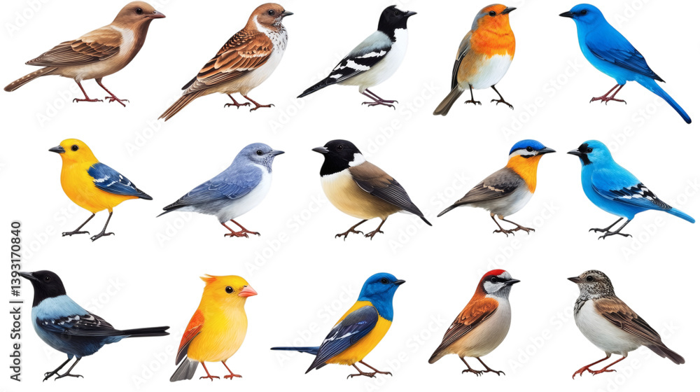 Fototapeta premium Set of various beautiful birds wagtail, mourning dove, robin, blue jay, sparrow isolated on white background