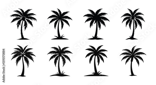 Palm Tree Silhouette Vector Set | Tropical Beach Coconut Tree Icons