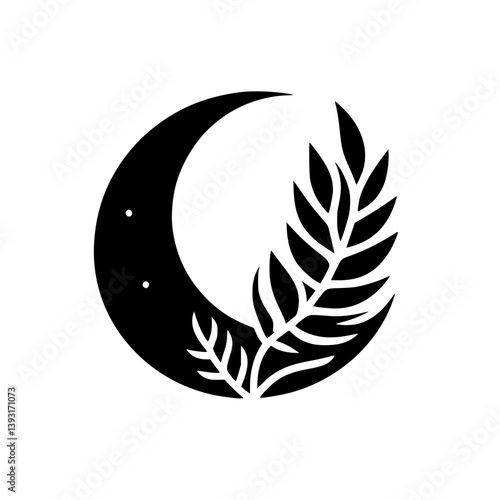 Minimalist Crescent Moon and Leaf Illustration in Black & White