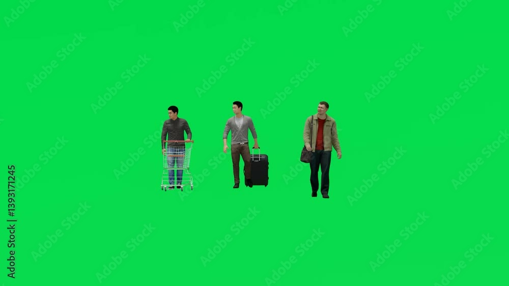 A seamless chroma key animation with 3D several male buyers and travelers, ideal for video projects and presentations. A seamless chroma key animation with 3D several male buyers and travelers, ideal for video projects and presentations.