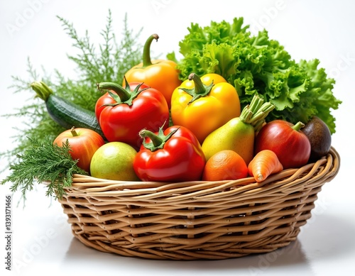 Basket filled with organic fruits vegetables. Tomatoes, peppers, apples, lettuce, orange, zucchini, avocado. Fresh harvest from farm, healthy nutrition. Raw food, vegetarian diet. Vitamins from